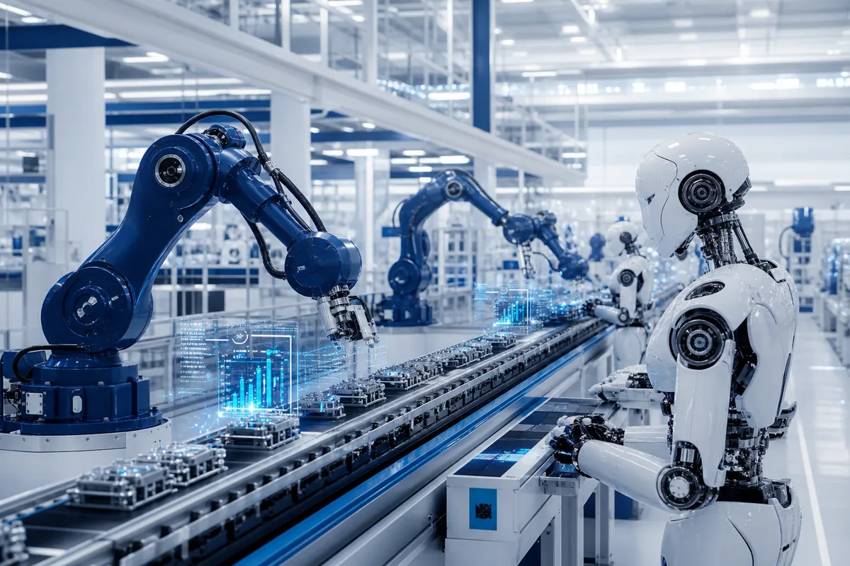 Humanoid robots and robotic arms in an automated factory